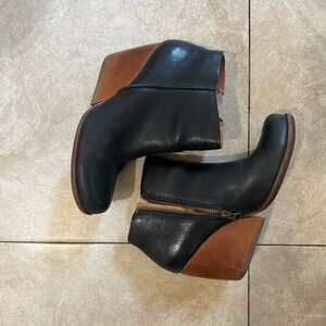 Kork-Ease Black Leather Ankle Booties with Brown Block Heel